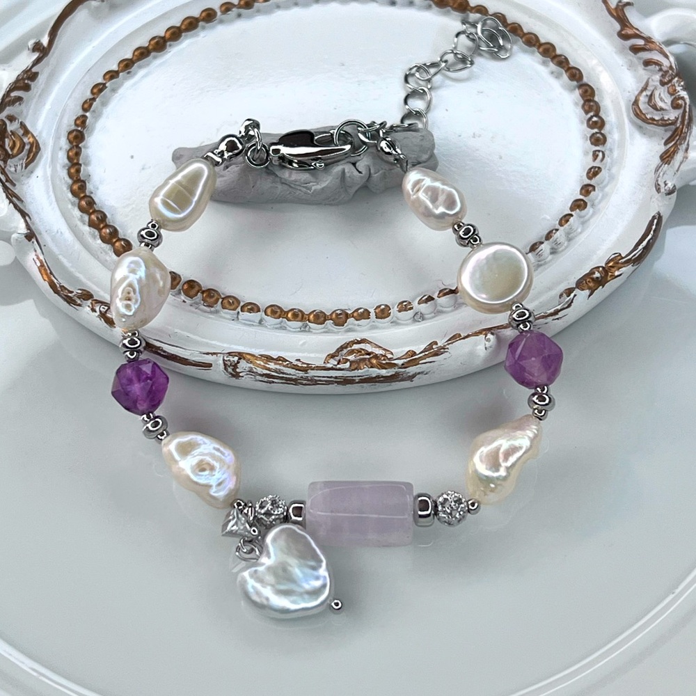 Handmade Freshwater Baroque Coin Pearl Gemstone 💎 Adjustable Bracelet